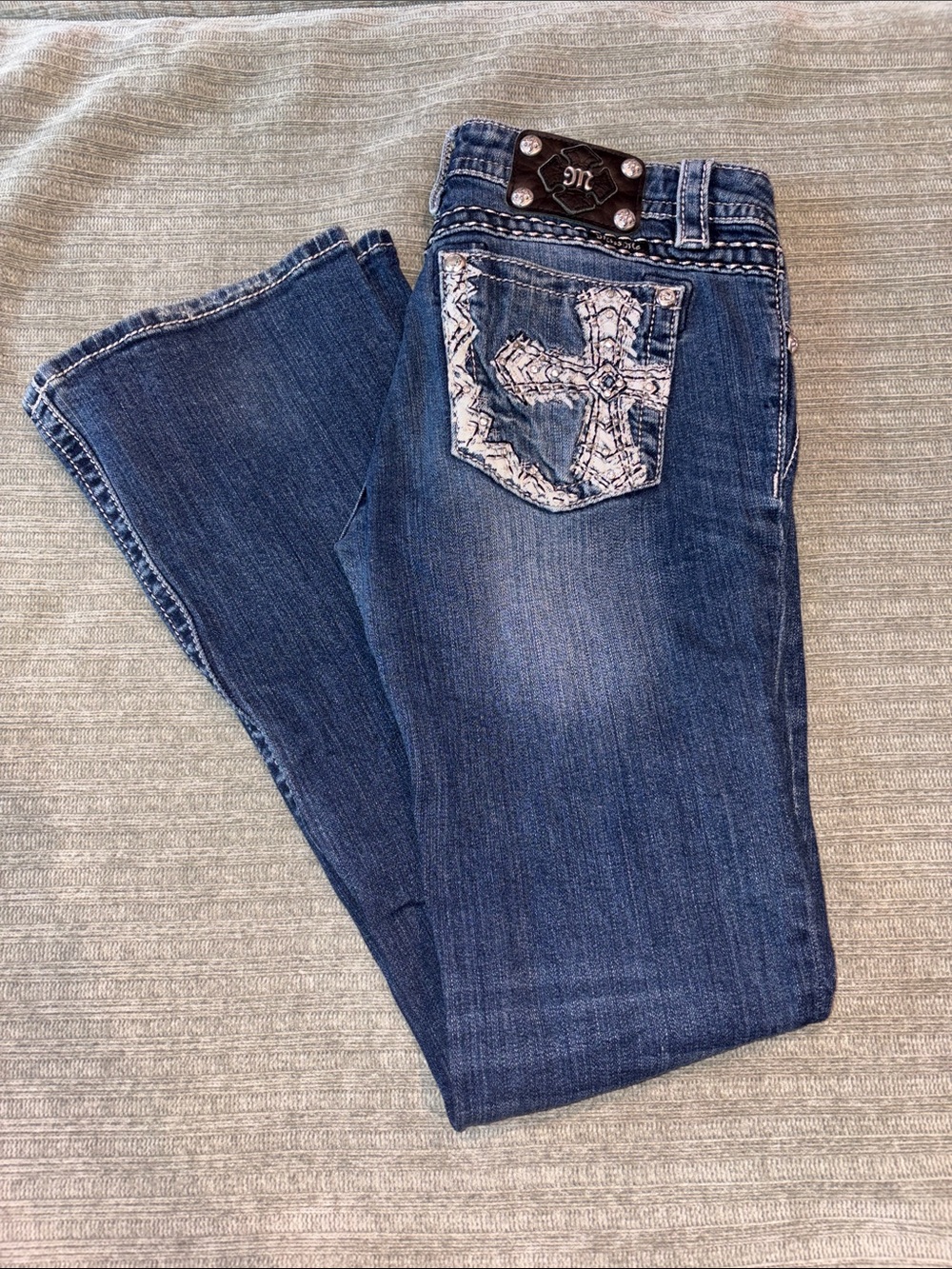 Miss Me Dark Blue Bootcut Jeans with Embroidered Cross Pocket